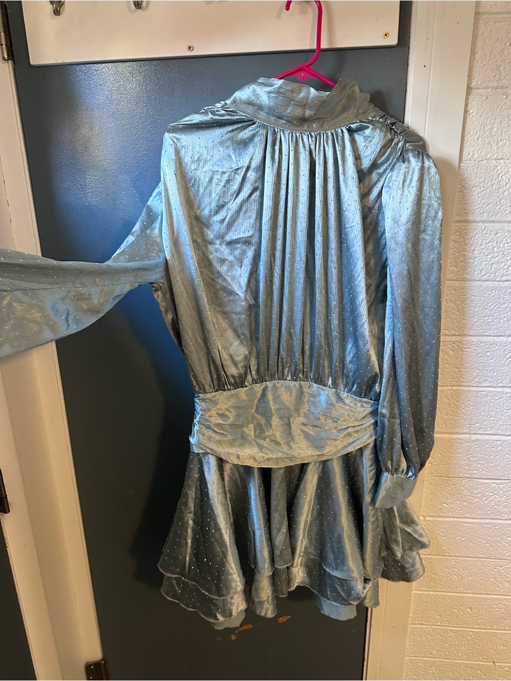 Fashion Nova Sparkly Mock Neck Tiered Mini Dress - Metallic Silver M